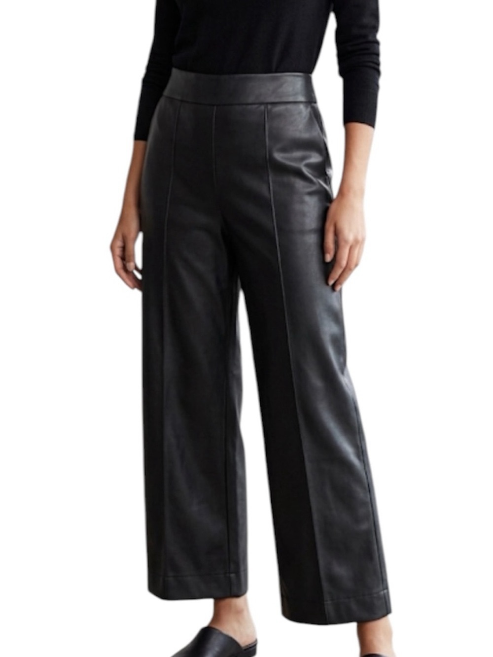 Wide-Leg Faux Leather Pants - Black